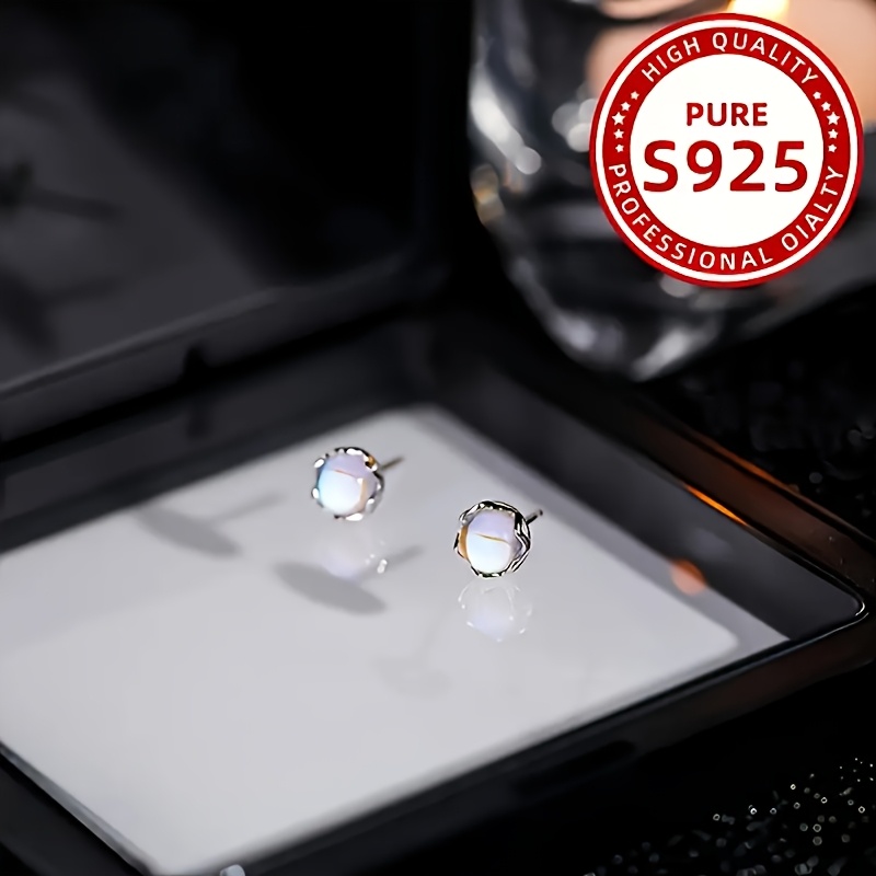 Women's 925 Sterling Silver Round Moonstone Stud Earrings