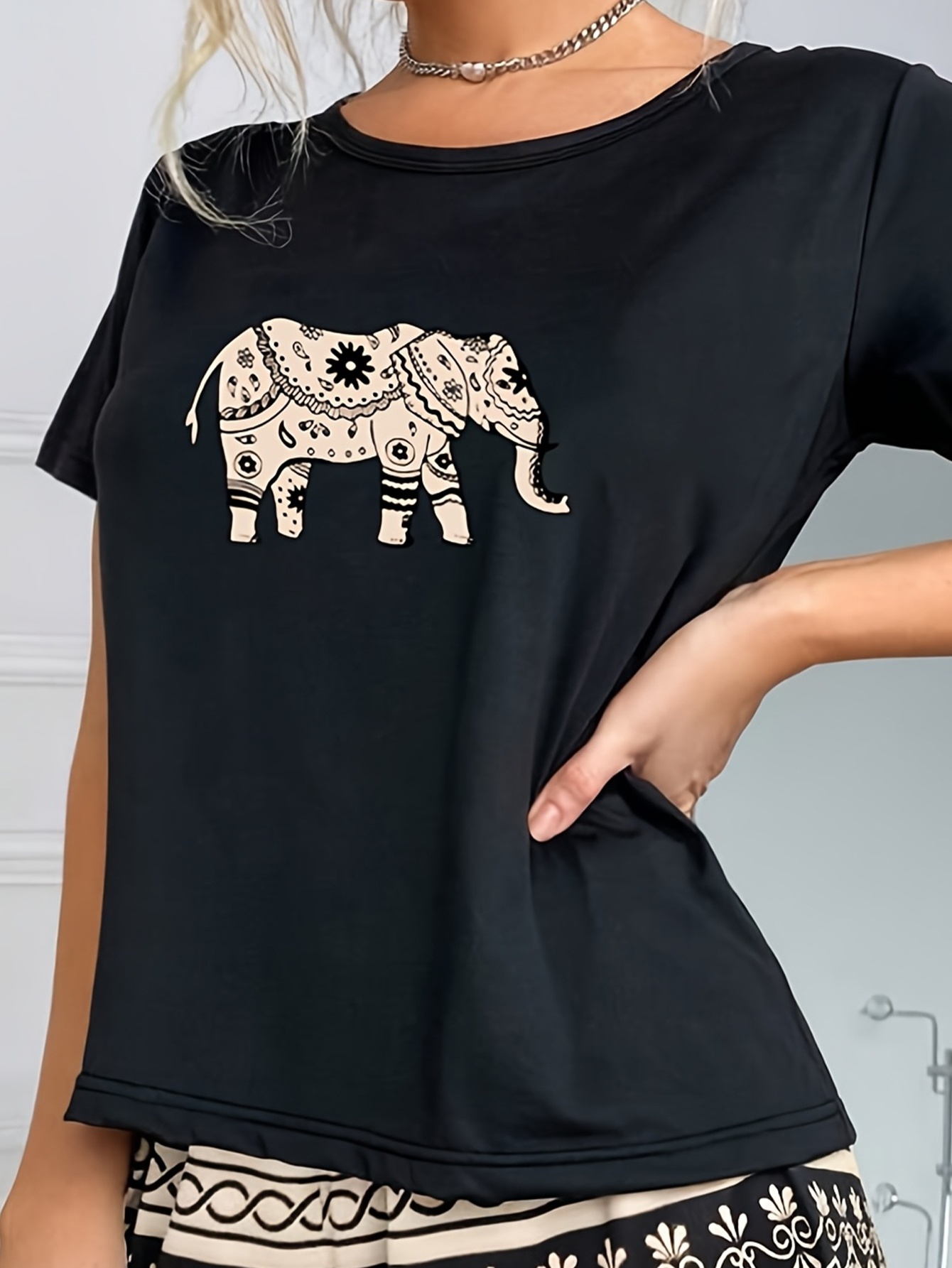 Simple Casual Elephant Pattern Women's Pajama Set