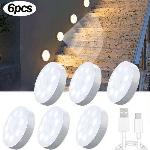 6er-pack usb wiederaufladbarer bewegungssensor, 8er-pack led abnehmbar, einstellbare farbtemperatur, halb-eingebettete wandleuchte, für treppenhaus, schrank, schlafzimmer, nachttisch und kleiderschrankbeleuchtung