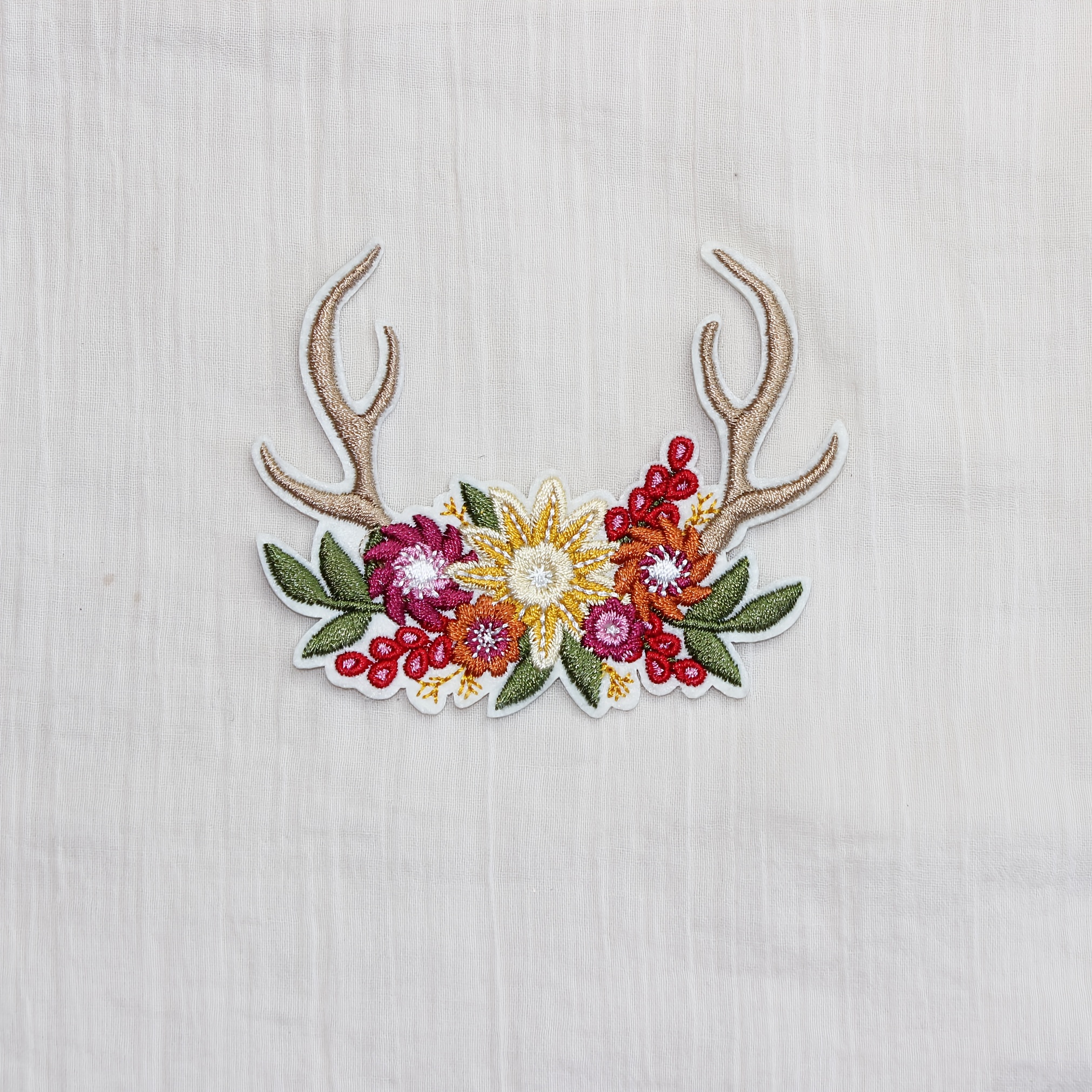 

Festive Embroidered Antler And Flower Patch - 7.7" X 8.6" - Artisanal Design - Perfect For Crafts And Clothing