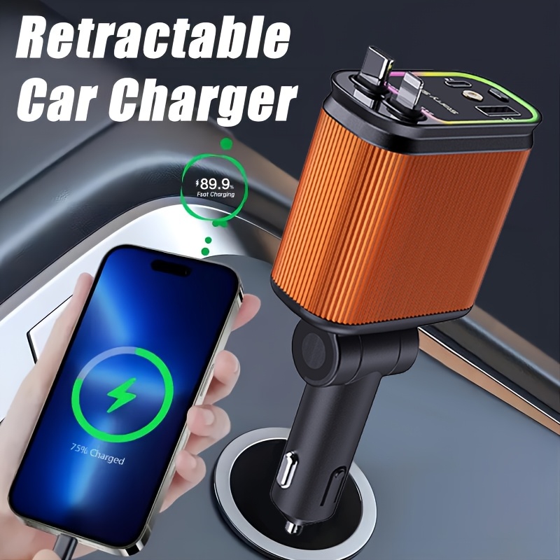 Starlight Projector 4-in-1 Car Charger - Fast Charge, USB-C Port, Retractable 2.6ft Cable, for iPhone &amp; for Android - Orange &amp; Black with Purple Light, Car Phone Charger, Adapter