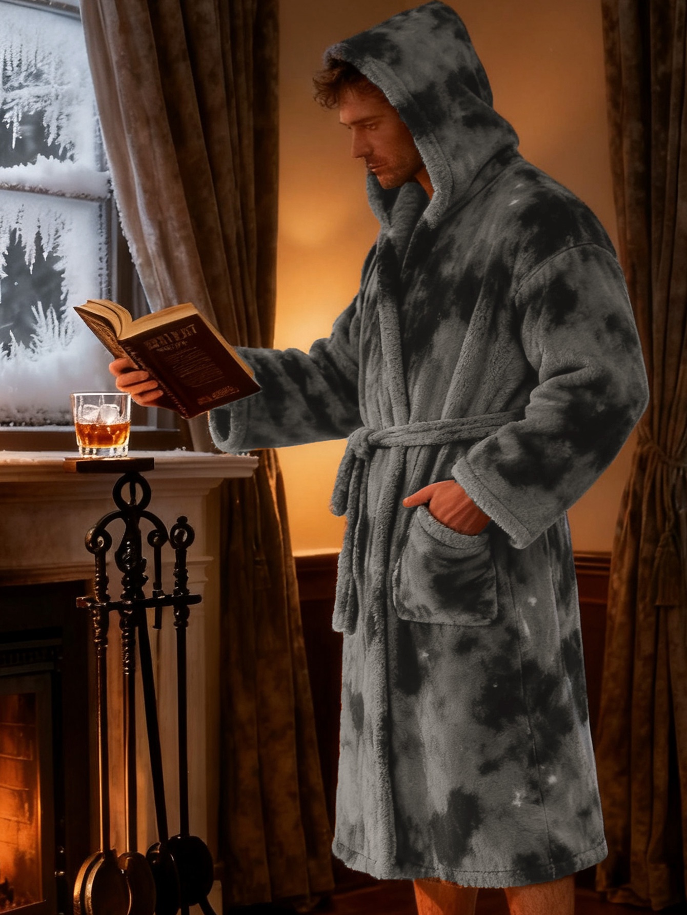 Men's Tie-Dye Coral Hooded Robe - Long Sleeve Kimono Sleepwear with Belt, Loose Fit Winter Robe for home, Spa & Outdoor, Warm Lined Jacket (Tie-Dye Pattern) - Machine Washable All-Season Wear