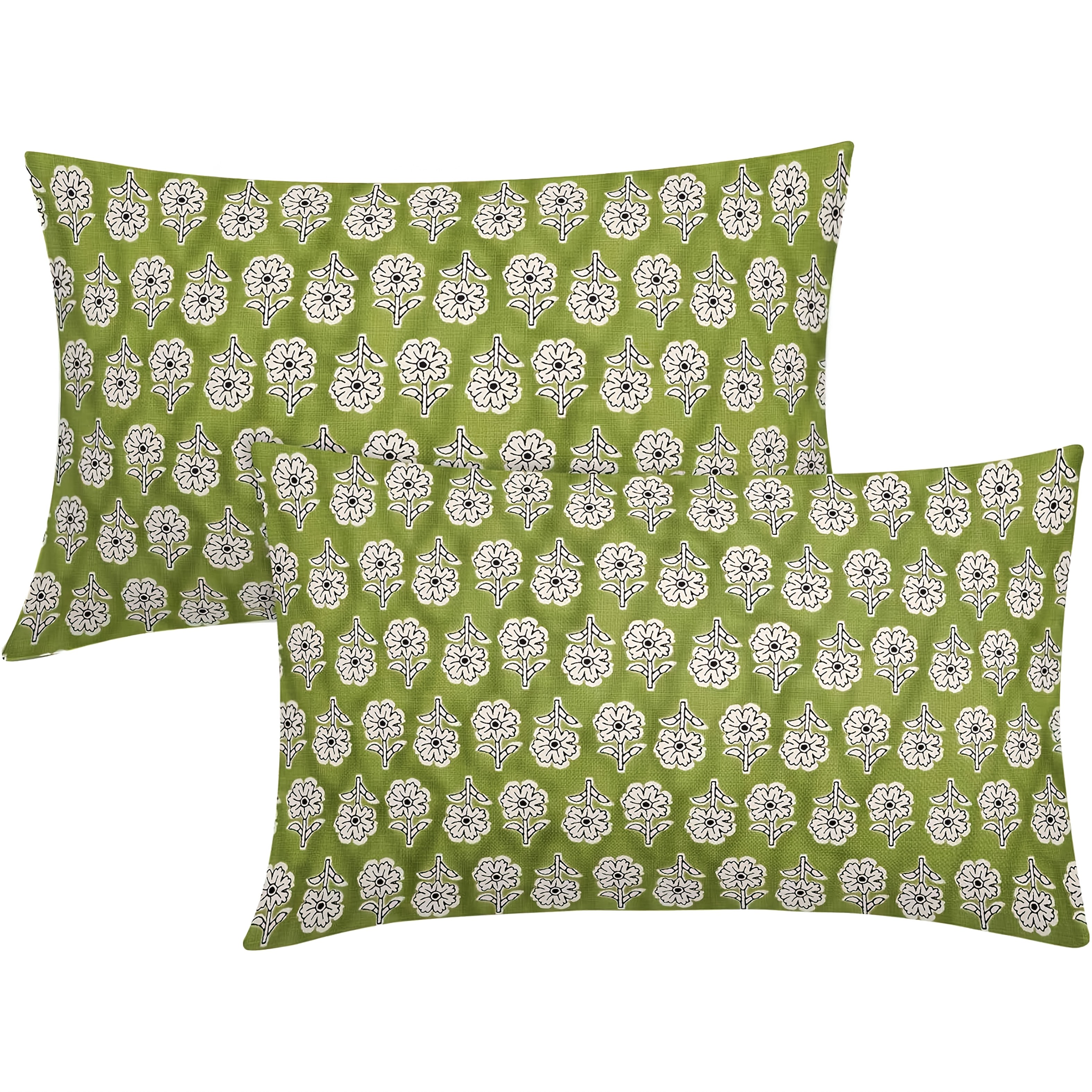 TEMU 2pcs Lime Green Floral Block Print Lumbar Pillow Covers - Vintage Flower Pattern, 100% Polyester, Zipper Closure, Machine Washable, Farmhouse