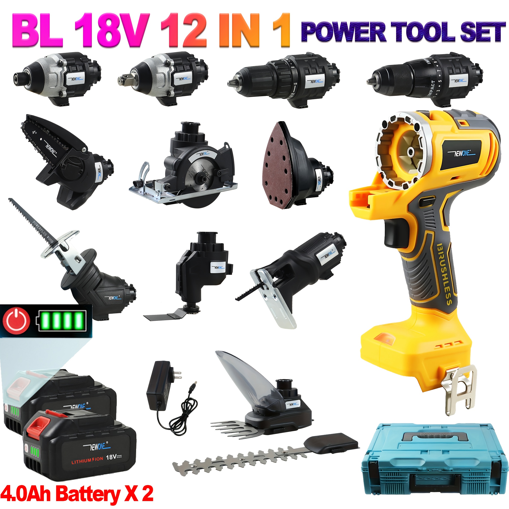 12in 1 Brushless Power Tool Combo Kit 18V MAX Lithium-Ion Cordless Tool Combo Kit Impact Driver, Impact Wrench, Impact Drill, Recip Saw, Circular Saw, Jigsaw, Chainsaw, Oscillating Tool, Grass Harvester Hedge Trimmer with 2pcs Battery Portable Case