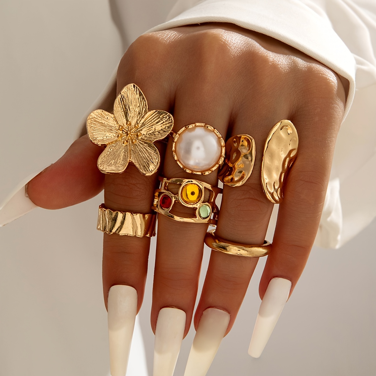 6pcs Unique Large Flower Hollow-Out Rhinestone Ring Set