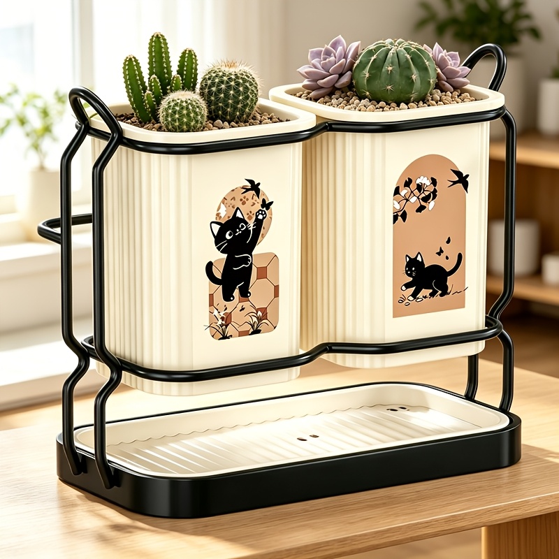 TEMU 1pc Cat-patterned Flowerpot With Dual Tubes And Reinforced Metal Frame, Featuring Drainage Holes, Suitable For Succulents, , And Small Herbs As