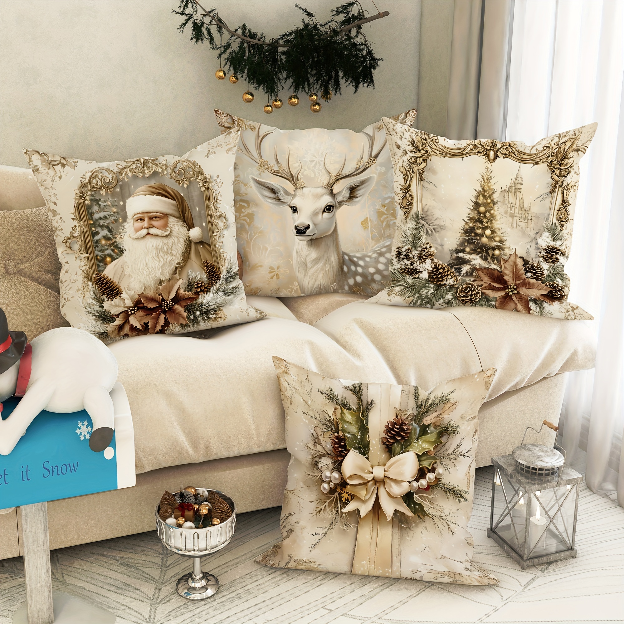 4pcs Set Velvet Christmas Throw Pillow Covers Santa Deer in Golden and White Soft Decorative Cushion Cases for Living Room