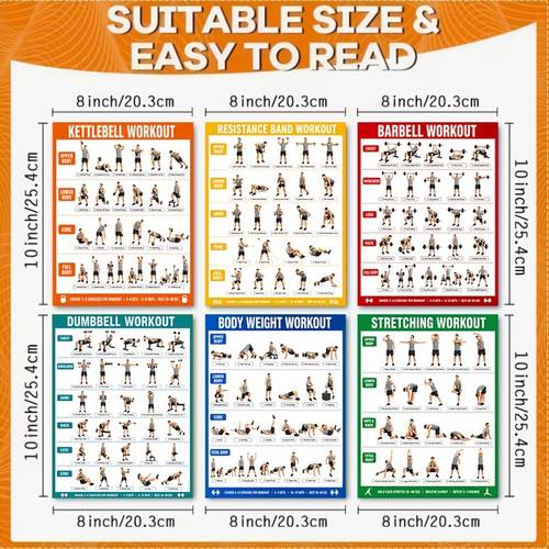 6pcs workout posters for home gym dumbbell kettlebell barbell band stretching bodyweight exercise chart set unframed 8x10 inch fitness wall art