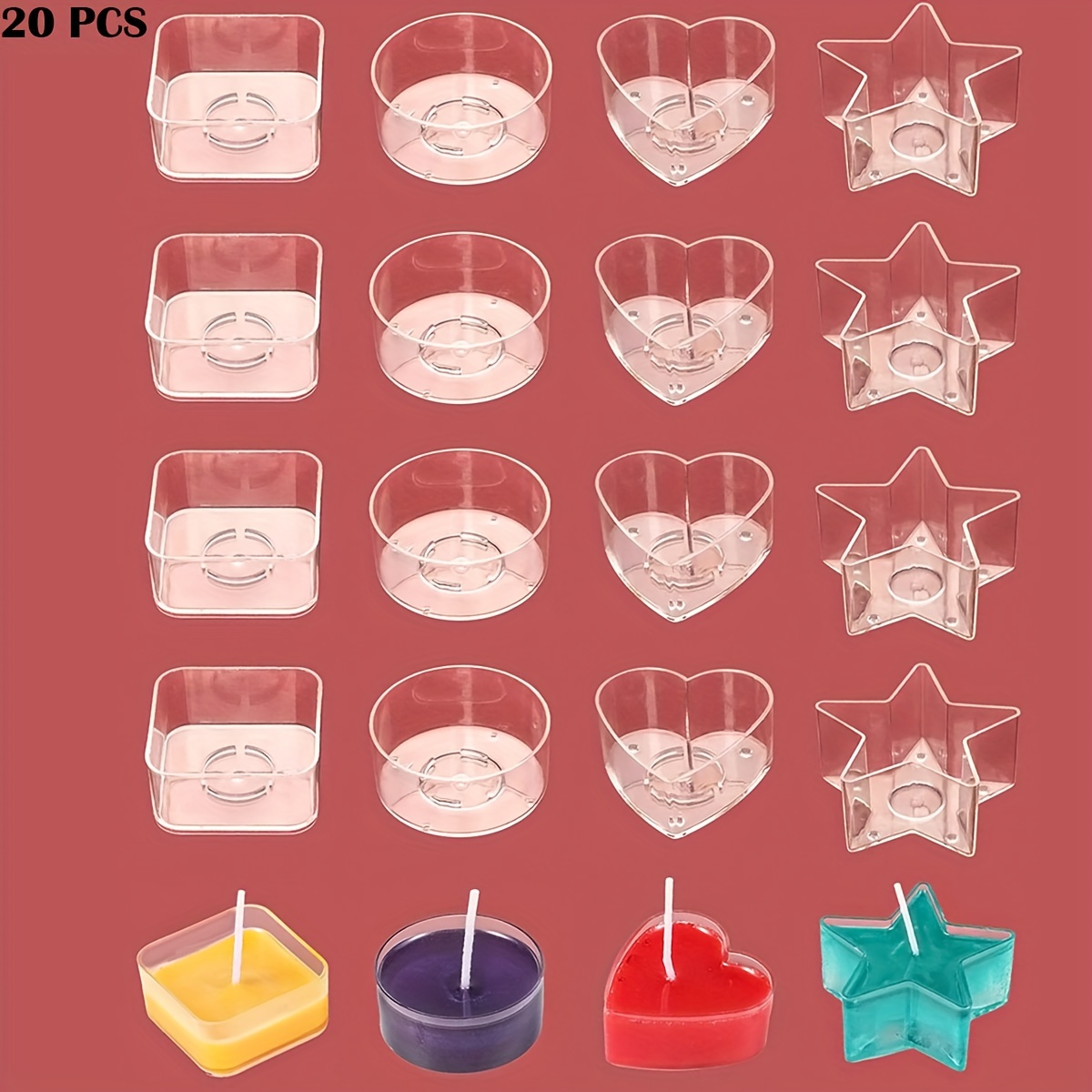 

20pcs Plastic Clear Tea Light Candle Cup Holders Heat-resistant Plastic Votive Containers Star Round Shapes Cups With 4.3cm Candle Wicks For Diy Candle Making