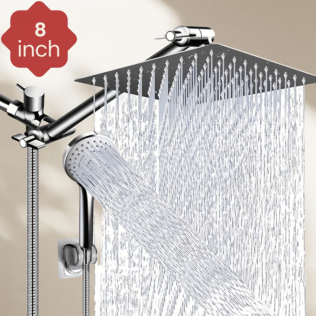 TEMU Pomme de Douche 8 Pouces, Pomme de Douche Pluie Haute Pression/Combo Pomme de Douche à Main avec Bras d'Extension de 11", 5 Réglages, Pomme de