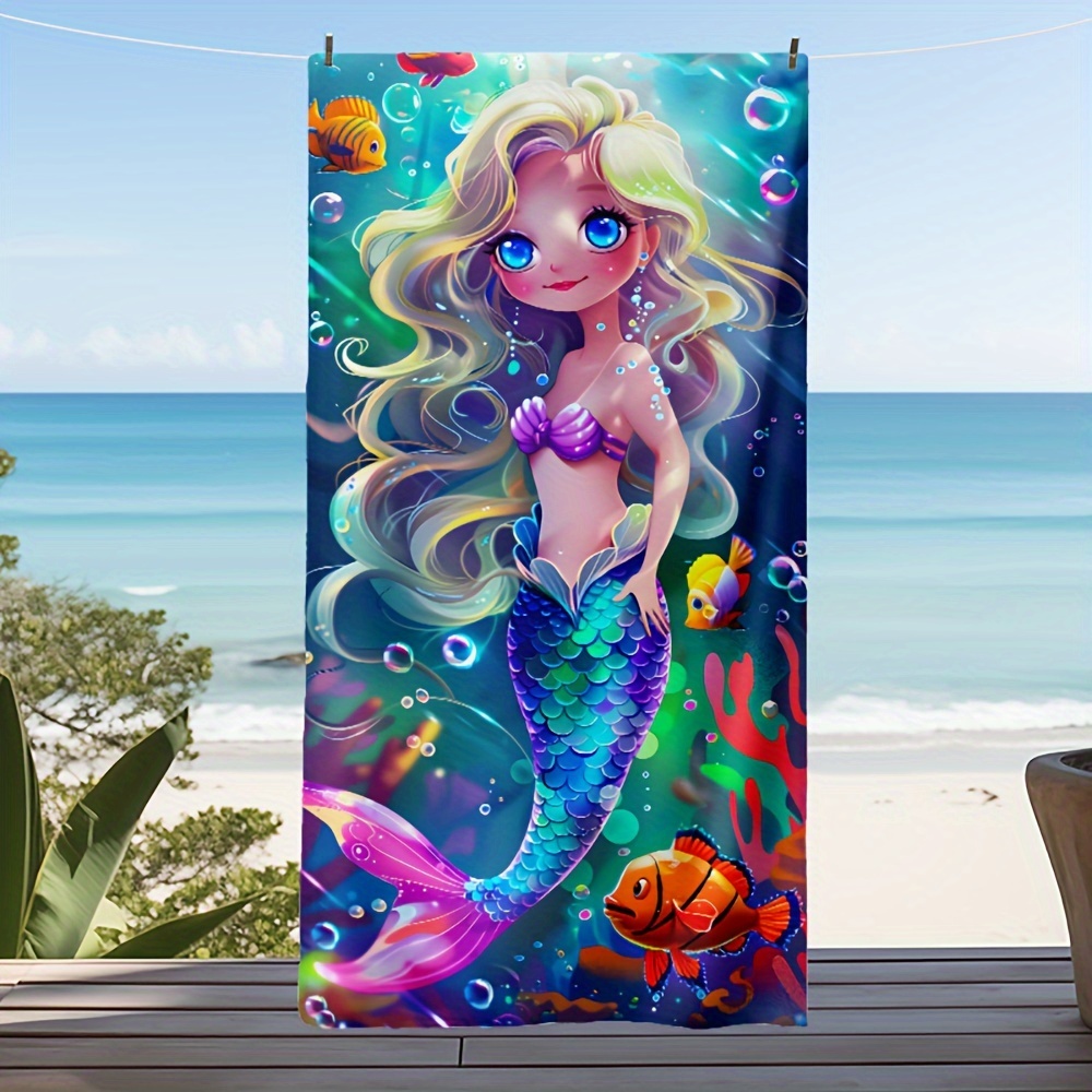 

1pc, Cute Cartoon Mermaid Printed Thickened Large Size Microfibre Beach Towel For Beach Swimming Shawl Travel Surf Blanket Outdoor Sports Camping Towel Bath Towel Ultra Soft Beach Towels