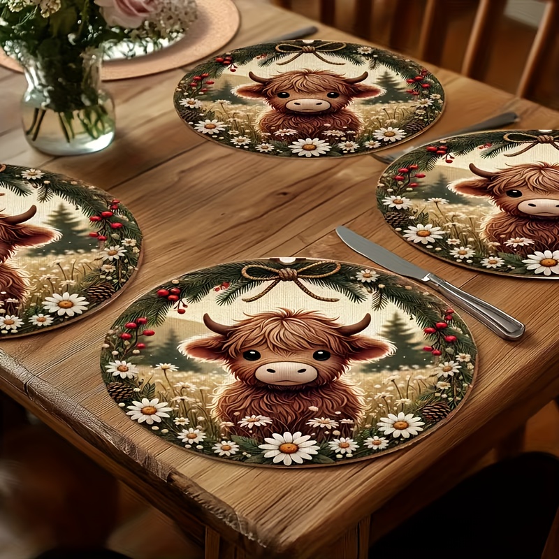 TEMU 4pcs Highland Cow And Daisy Round Wooden Placemats - Pine Branch And Berry Decor, Suitable For Weddings, Gifts, Anniversaries, Daily Use,