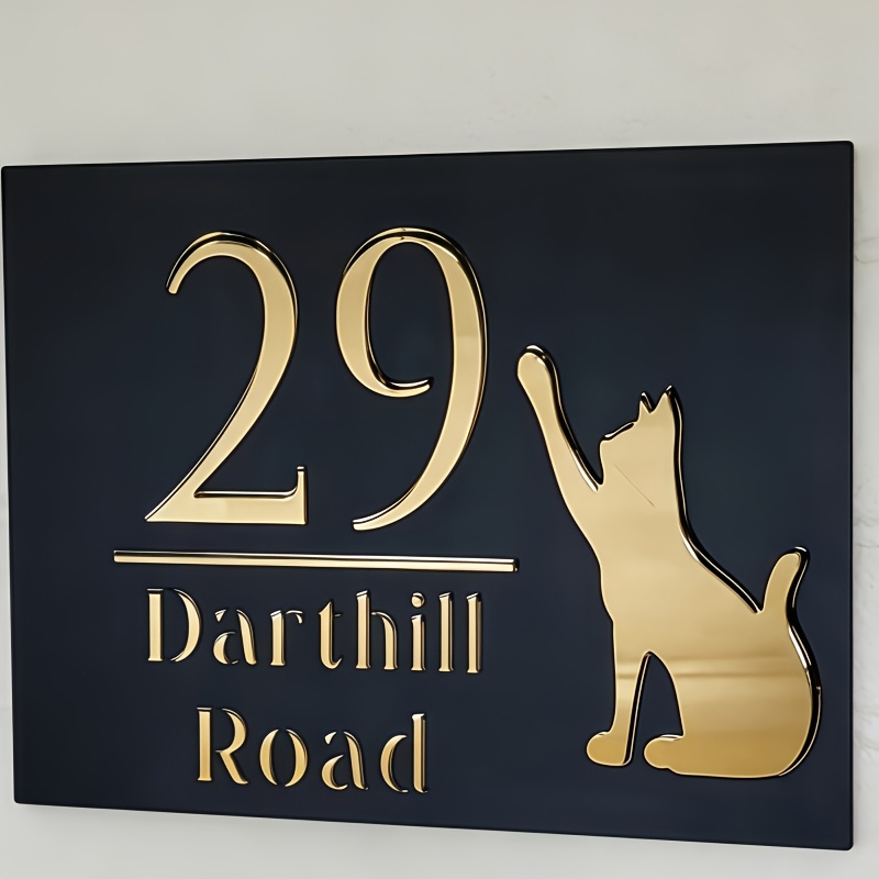 TEMU Placa de número de casa personalizada con temática de gatos - Placa de dirección acrílica de capa con reverso adhesivo para uso en exteriores,