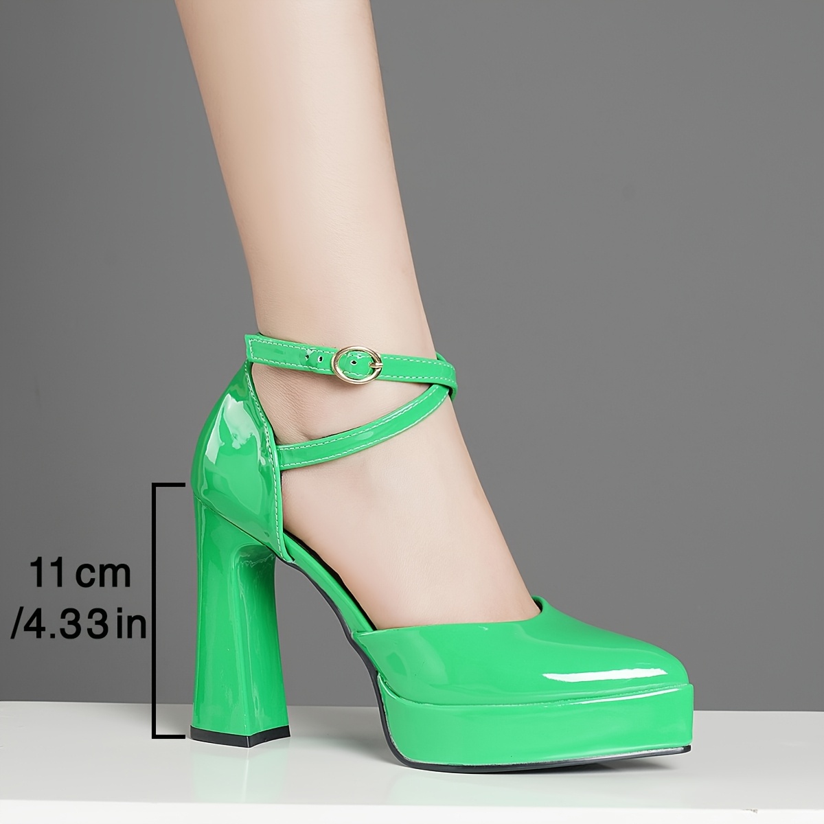 Elegant Green Women'S High Heels with Ankle Strap - Comfortable Chunky  Heel, Pointed Toe, Glossy * * Dress Shoes for Women, Platform So