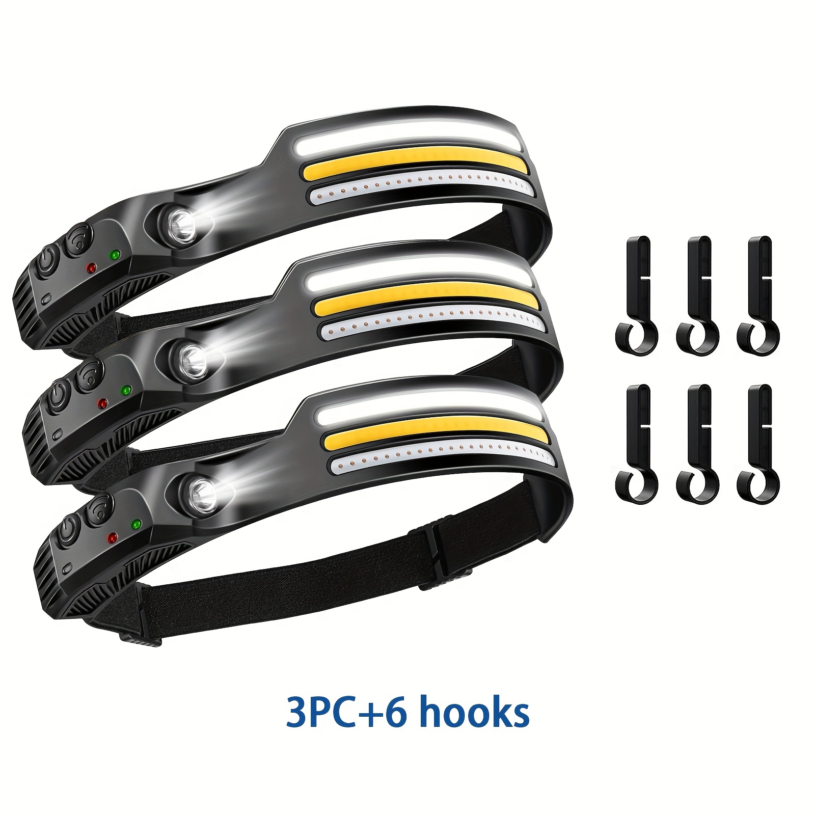 TEMU 3pcs Rechargeable With Motion Sensor, Cob 230° , Usb Charging, Includes 6 Hooks – Hiking, Running, Work, Fishing, Cycling