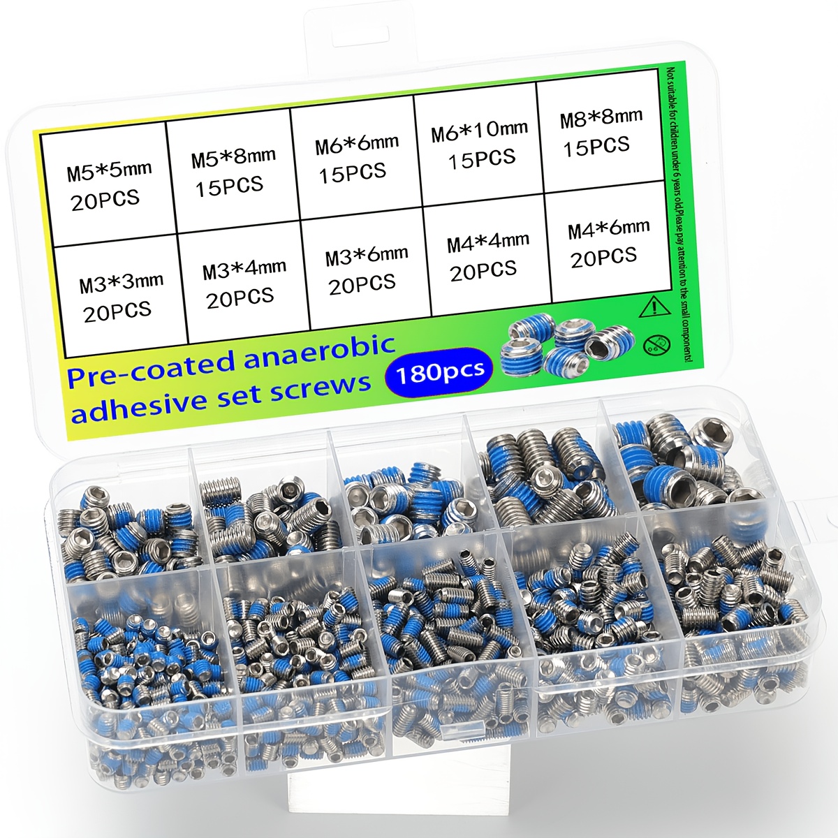 TEMU 180pcs Stainless Steel Hex Socket Set Screws, M3-m8 Locking Screws, With Pre- Anaerobic Adhesive, Anti-loosening Screw Set, Hidden Screws,