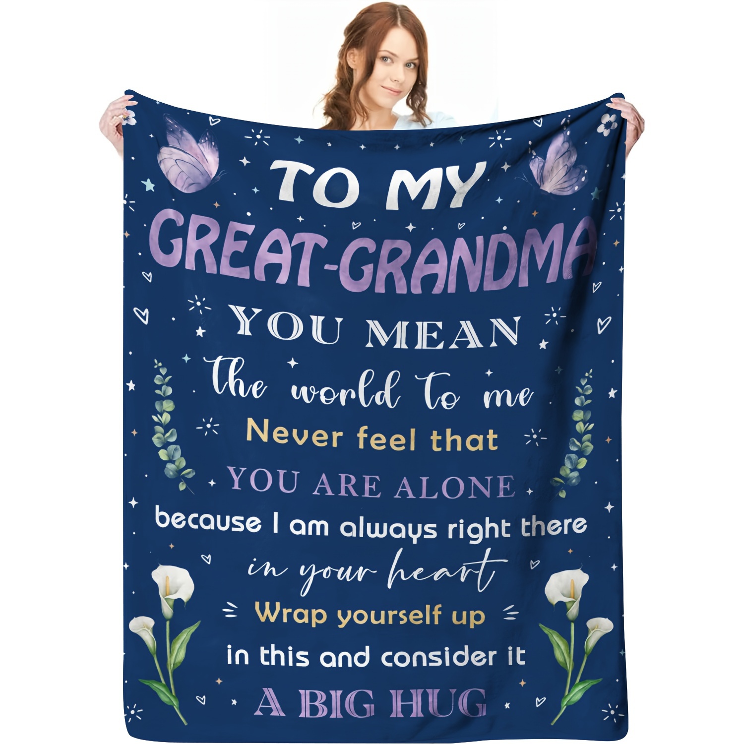 

Style Character Themed Knitted Polyester Throw Blanket, All-season Cozy Flannel Gift For Great Grandma With Heartfelt Message, Soft Embrace Hug Wrap Design With Floral Butterflies - 65"x80