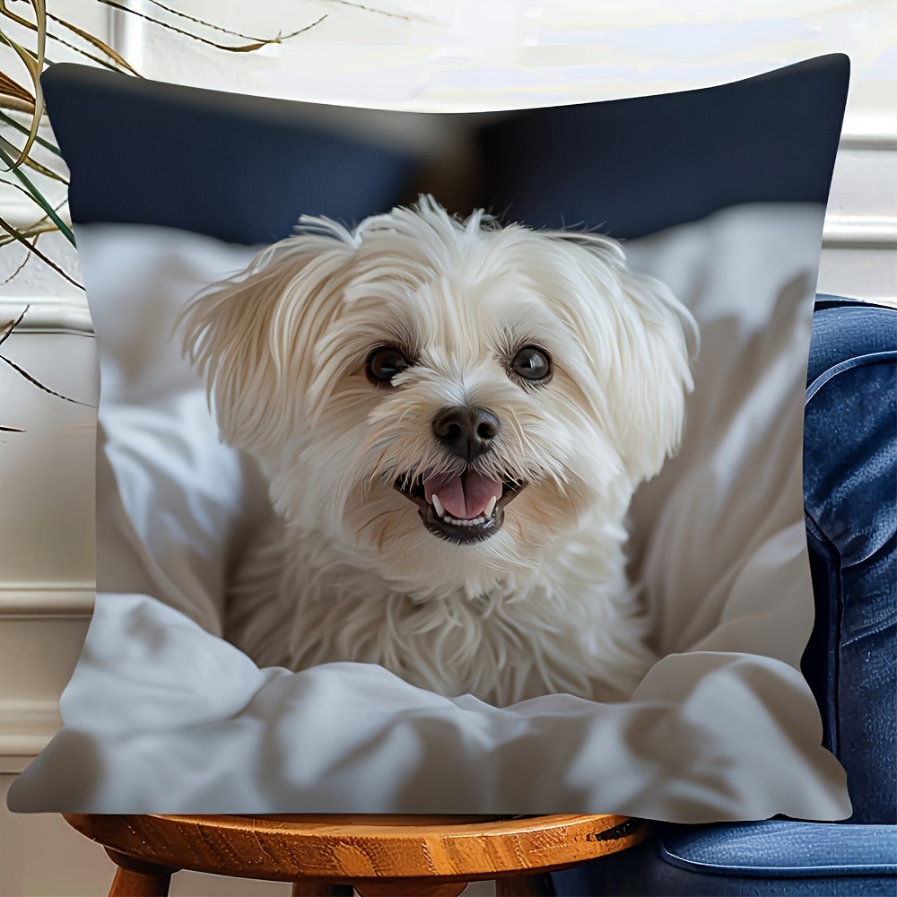 TEMU 1pc Couverture en Peluche Chien Maltais - Peluche Courte et Douce avec Motif de Chiot Maltais, 18"x18" (45x45cm) Couverture de Lit Confortable,