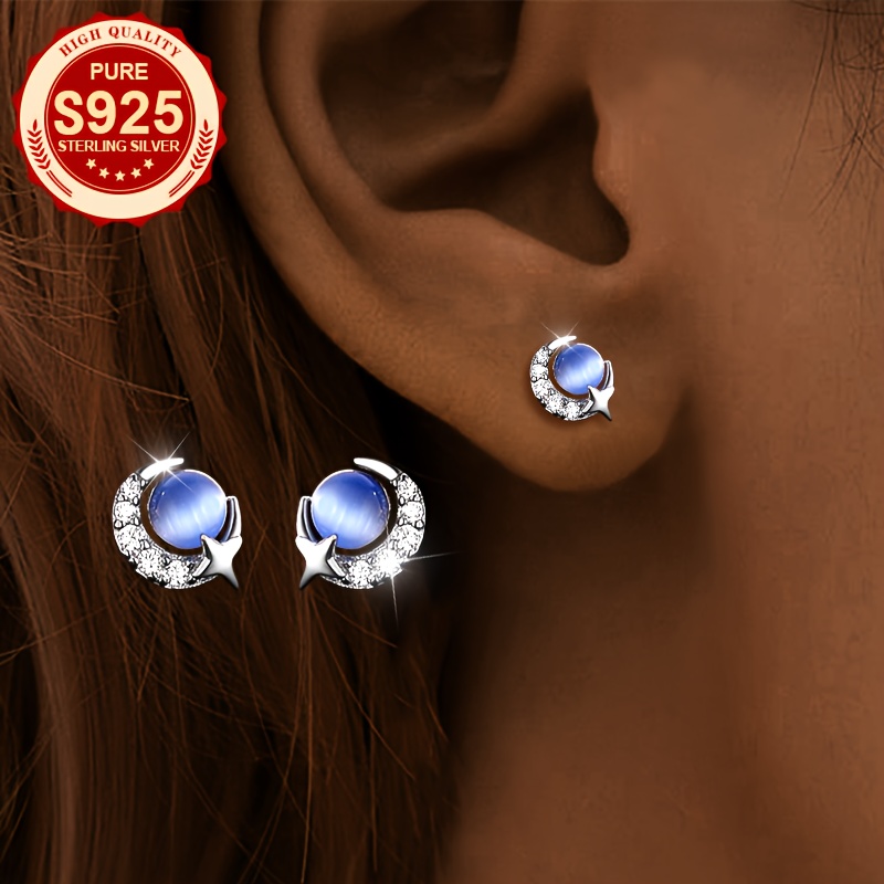Glass Crescent Moon & Star Stud Earrings, S925 Silver