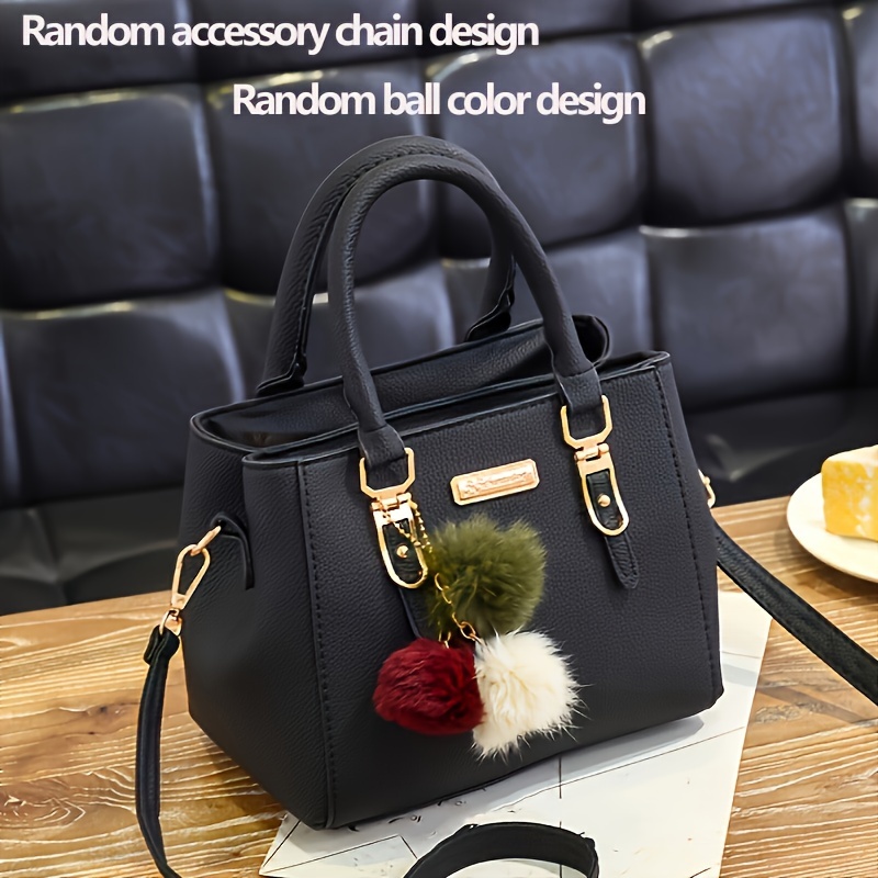 

[gift Perfect] Stylish Black Handbag With Golden-tone Hardware & Random Ball Charm – Shoulder & Crossbody Bag For Women, Travel, Casual & Gift