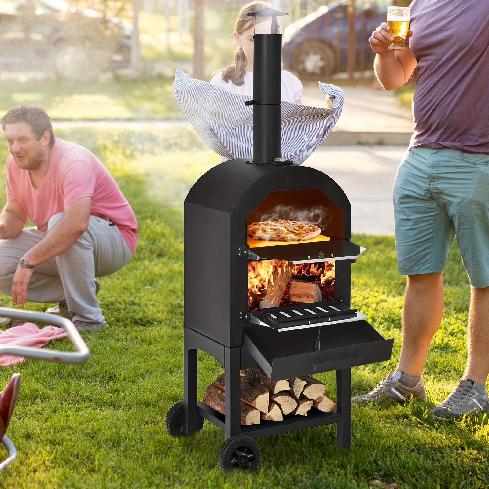 1pc Outdoor Pizza Oven Wood Fire Pizza Maker Grill, Pizza Stone & Waterproof Cover, High Efficient, Suitable Different Occation