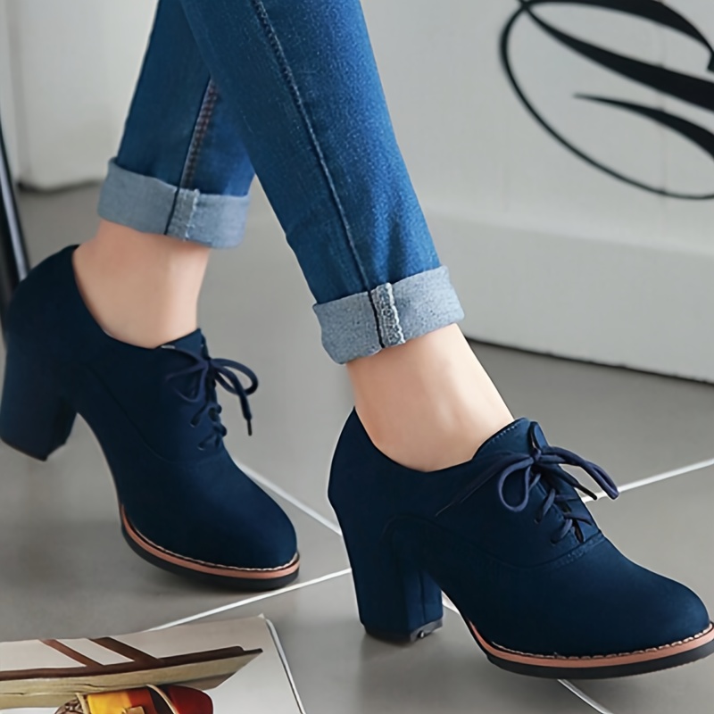 Women's Solid Color Elegant Pumps, Chunky Heel Lace-Up Shoes, Round Toe Daily Footwear