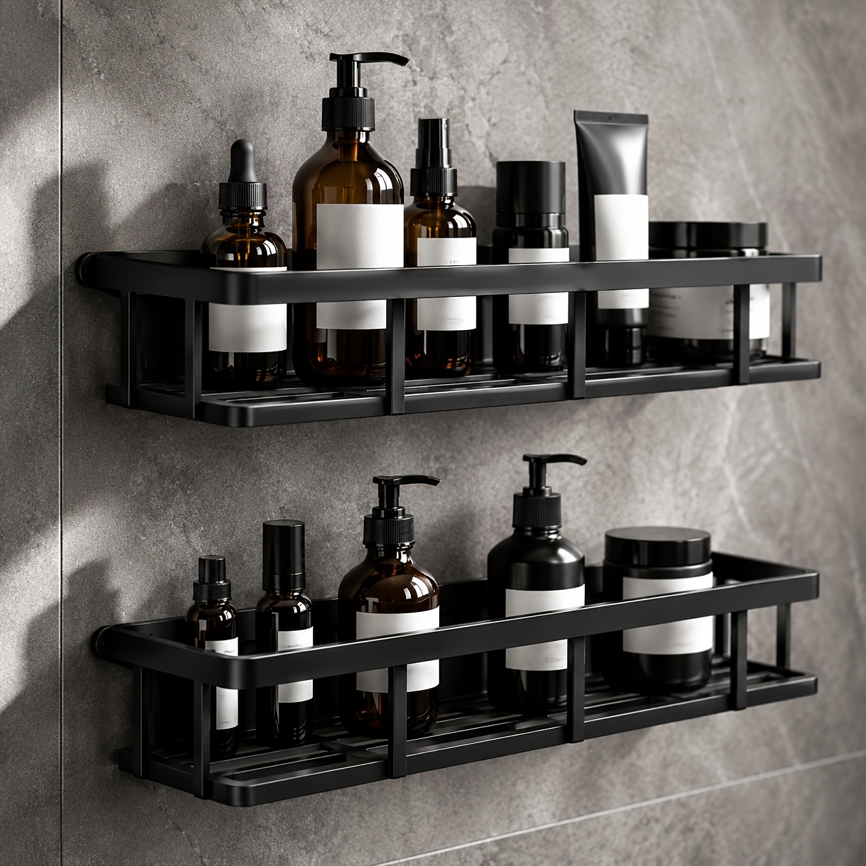 TEMU 6pcs Set: 2 Bathroom Shelves   4 Adhesive Hook Patches, Multi-functional Wall-mounted Storage Basket, No-drill Drainage Basket, Bathroom Shampoo