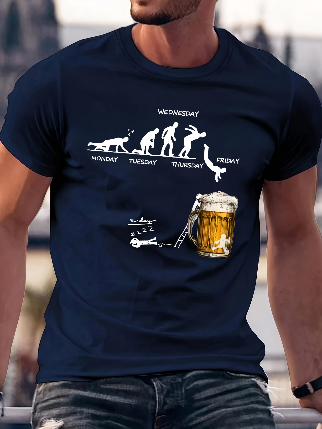 Men'S Funny Beer Lover Graphic T-Shirt - Navy Blue Casual Tee with Monday to Friday Schedule Design - Soft Breathable Everyday Shirt for Office & Parties - Ideal Birthday Gift for Dad, Husband, Boyfriend - Plus Size Available, Party Attire, Humorous Design, Comfortable Fit, PLUS SIZE