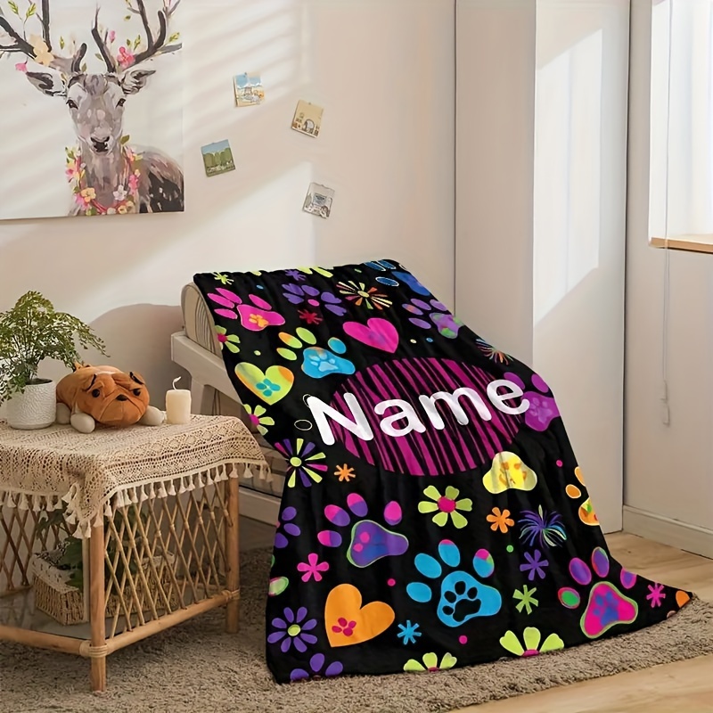 TEMU Custom 1pc Creative Dog Name Blanket, Colorful Paw Print Fleece Throw, Personalized, Holiday Blanket, Birthday Gift, Gift Throw, Versatile,
