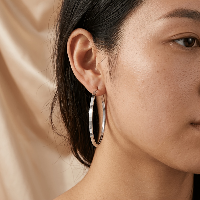 Silvery Square Patterned Circular Earrings, Stylish Gift