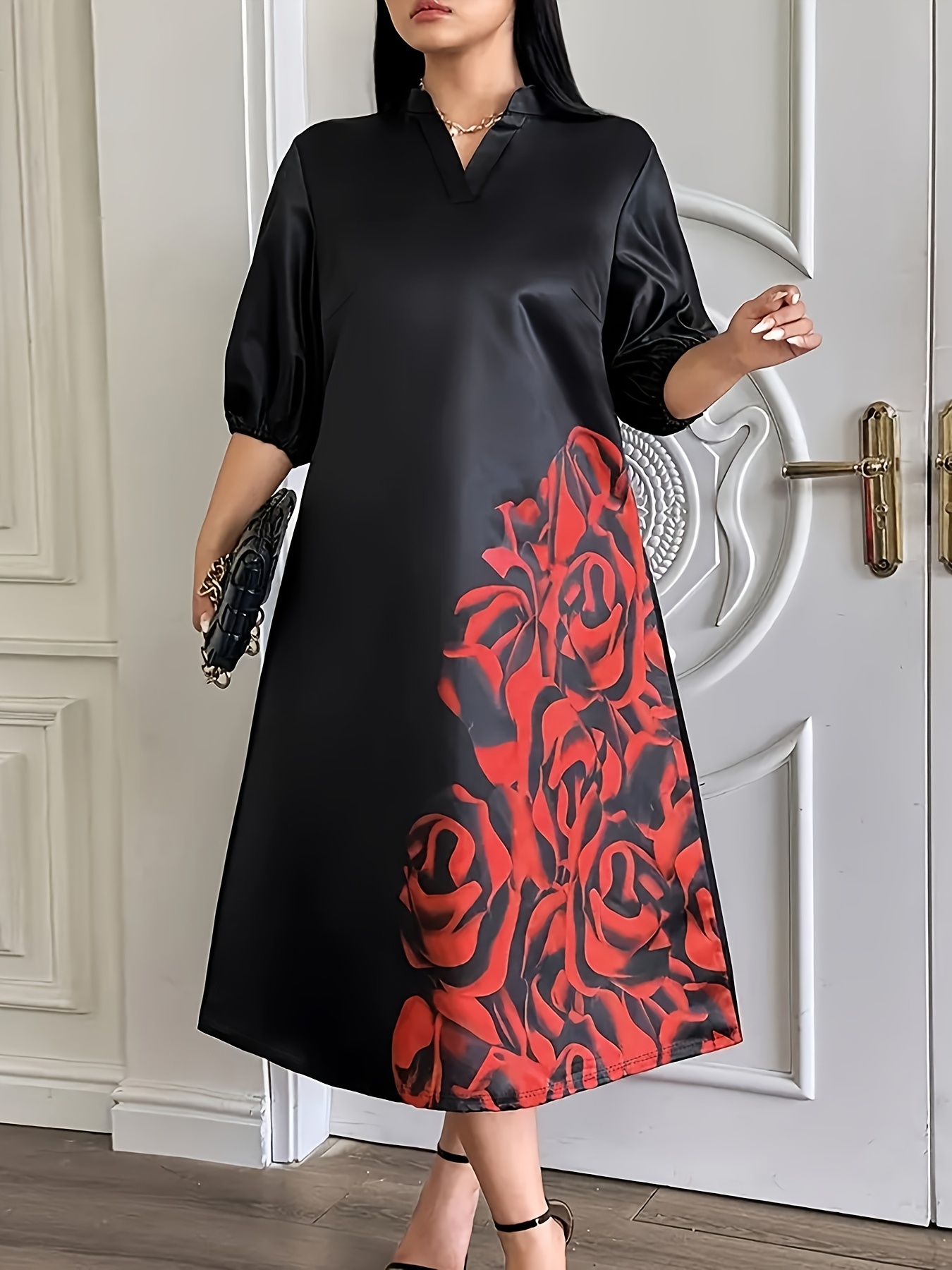 women's plus size elegant v neck a line midi dress red rose Temu