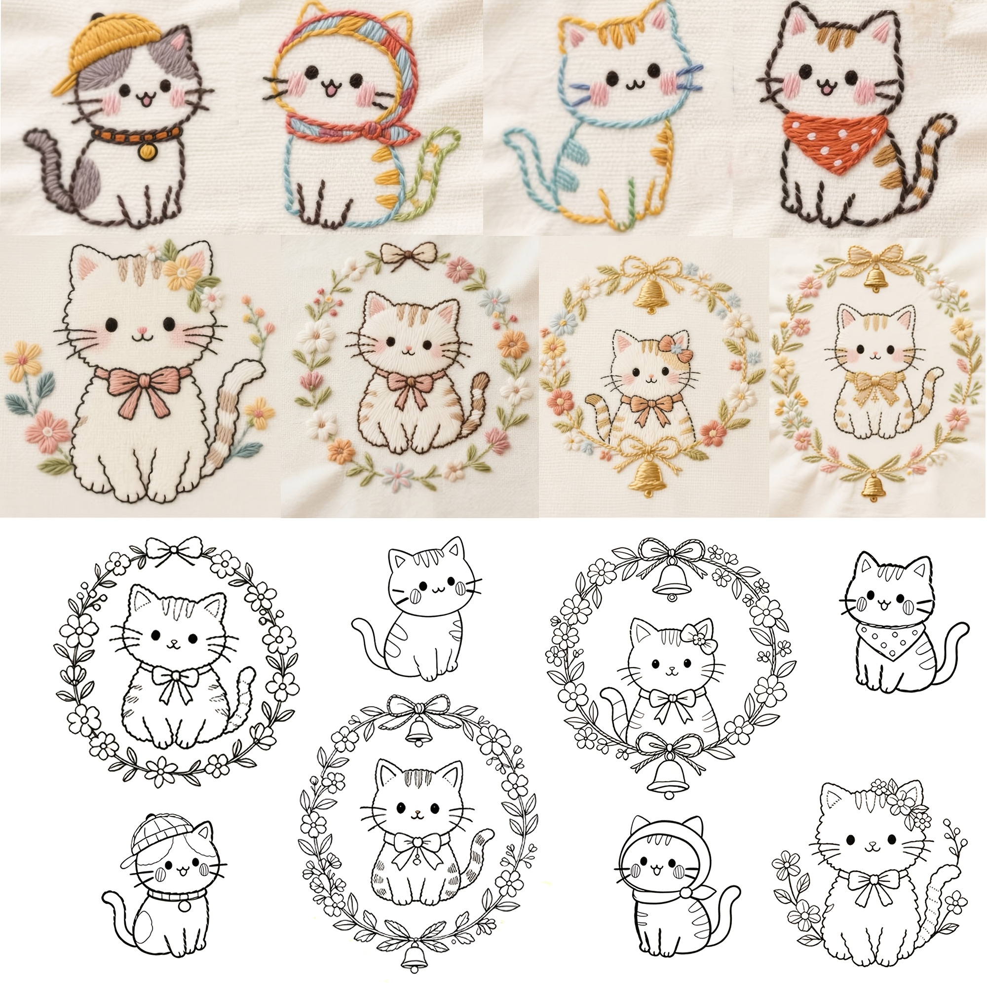 TEMU 8pcs Water-soluble Self-adhesive Cat Animal Embroidery Pattern Set Dly Kit, Washable Floral Embroidery , Suitable For Knitwear, Denim, And