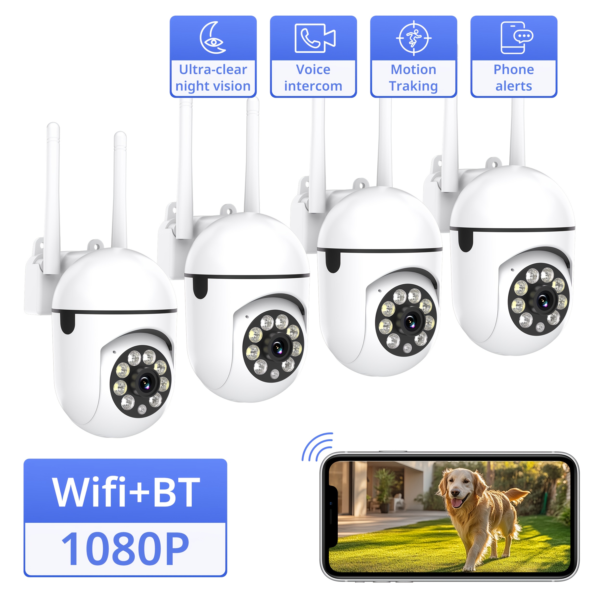 TEMU 4pcs 1080p Full Hd Resolution Security Camera With A Rotatable 355-degree Panoramic Wireless Round Night Vision Camera, Supports Audio, Motion