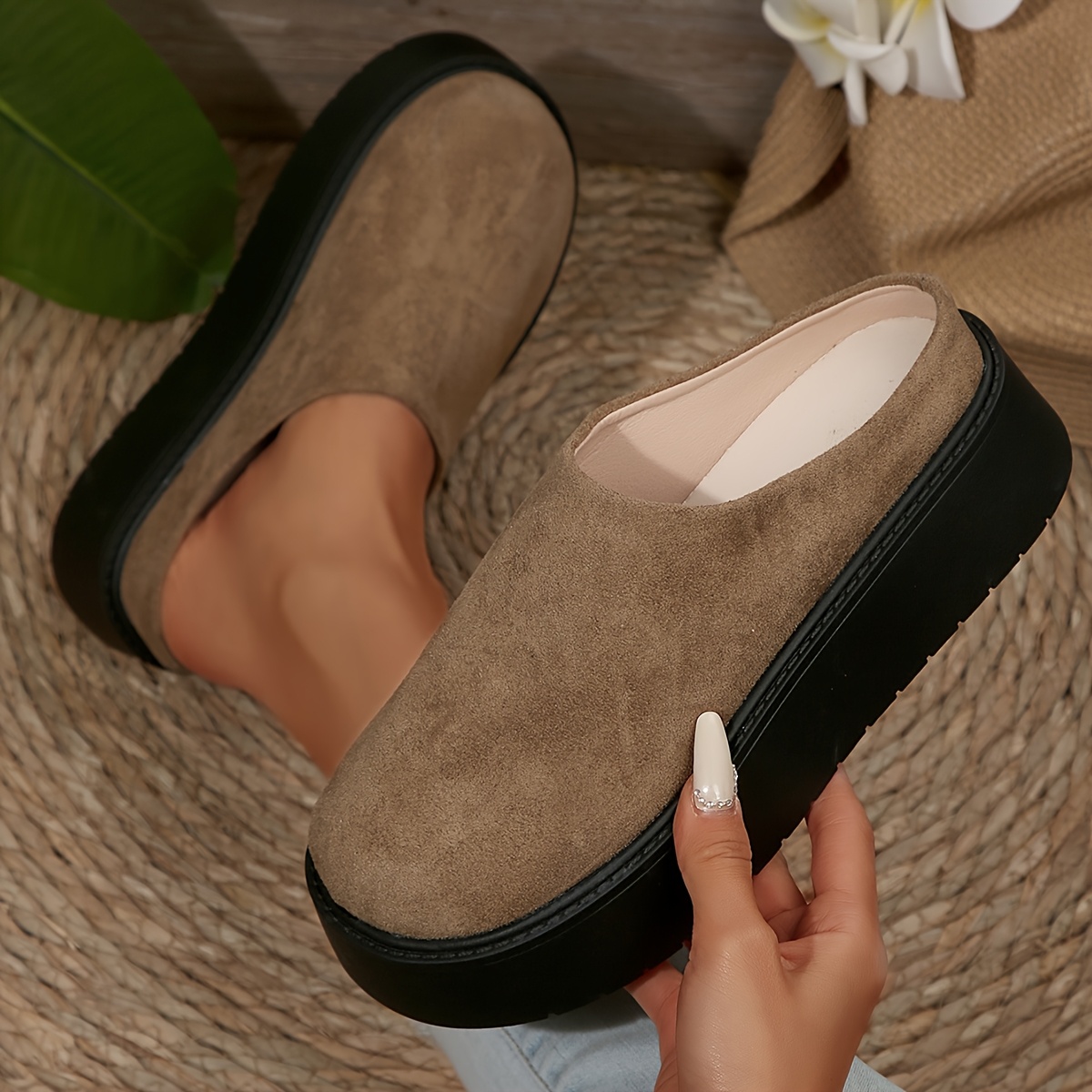 womens retro slip on loafers thick sole round toe brown cover upper with black rubber sole comfortable casual    