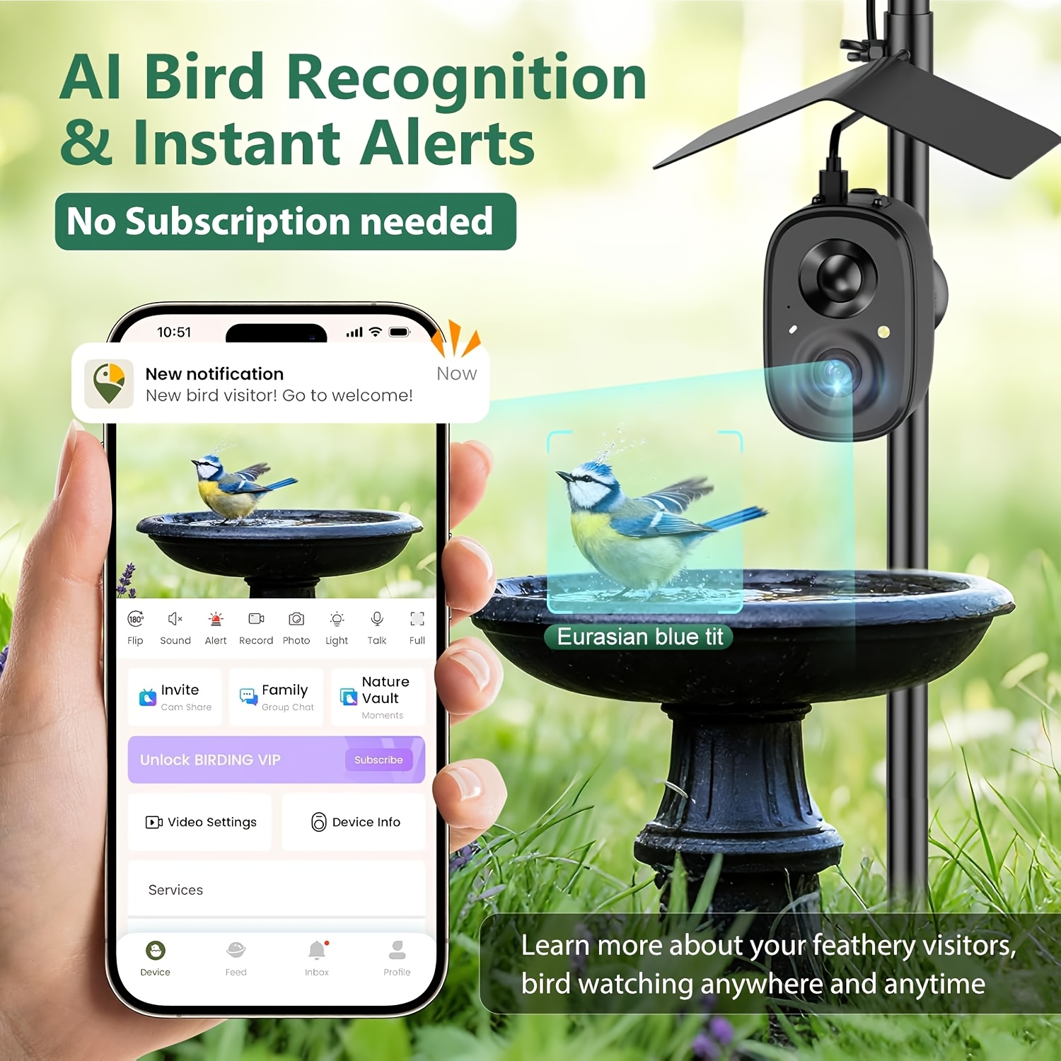 HIXX Smart Bird Feeder with 2K HD Camera, AI Bird Identification, Color Night Vision, Black or Red