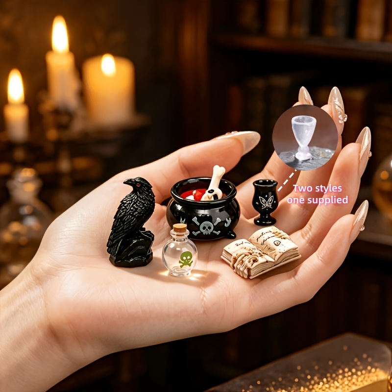 TEMU 5pcs Mini Dark Magic Sets - 1:12 Scale Miniature Magic Cauldrons, Spellbooks, And For Dollhouse Decoration, Adult Micro-scene Collection,