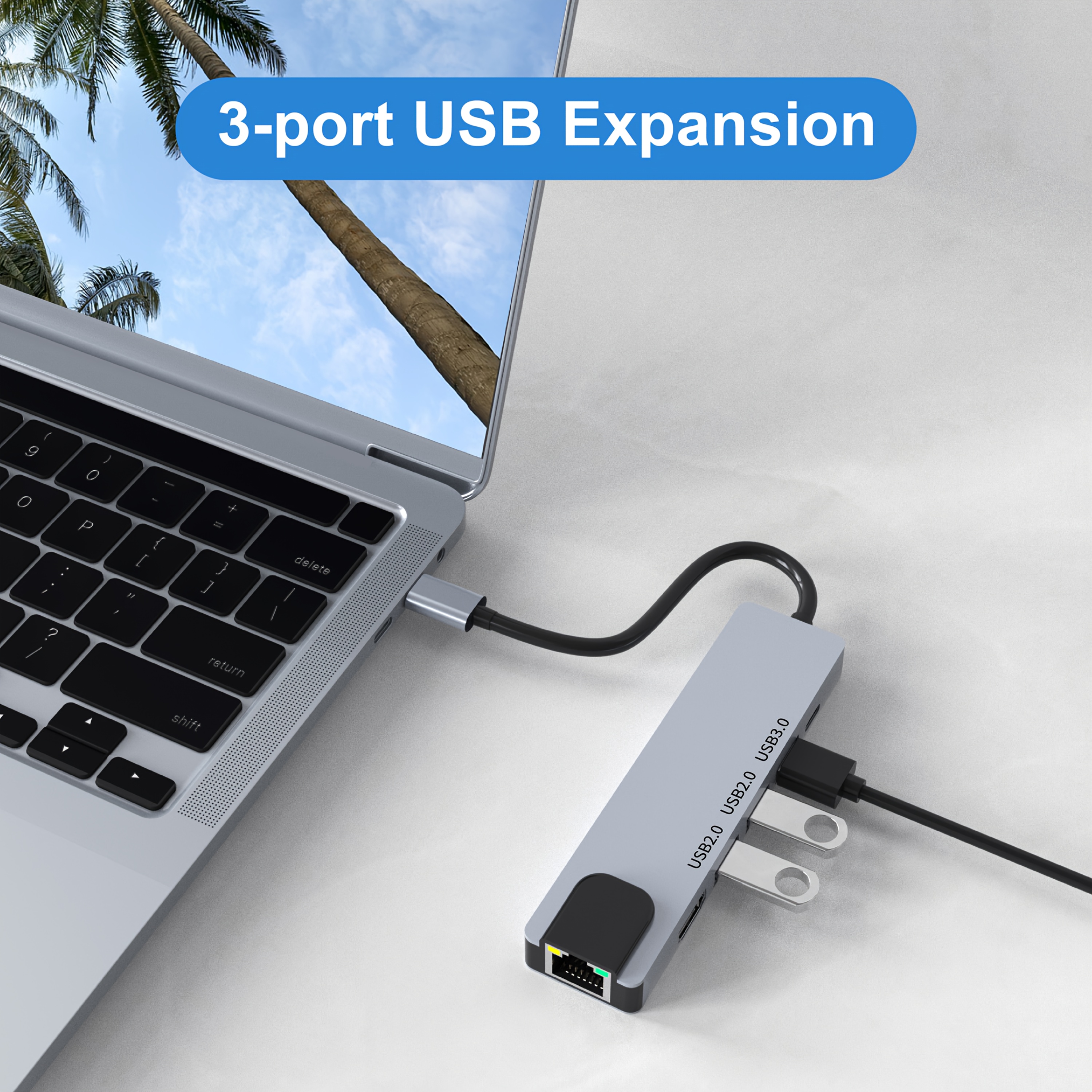 6-in-1 USB-C Docking Station Multi-Port Adapter with 100W PD Input, 100Mbps RJ45 Ethernet Port, USB 2.0 and 3.0 Ports. This Multi-functional Hub Is for MacBook Notebooks and Windows PCs.