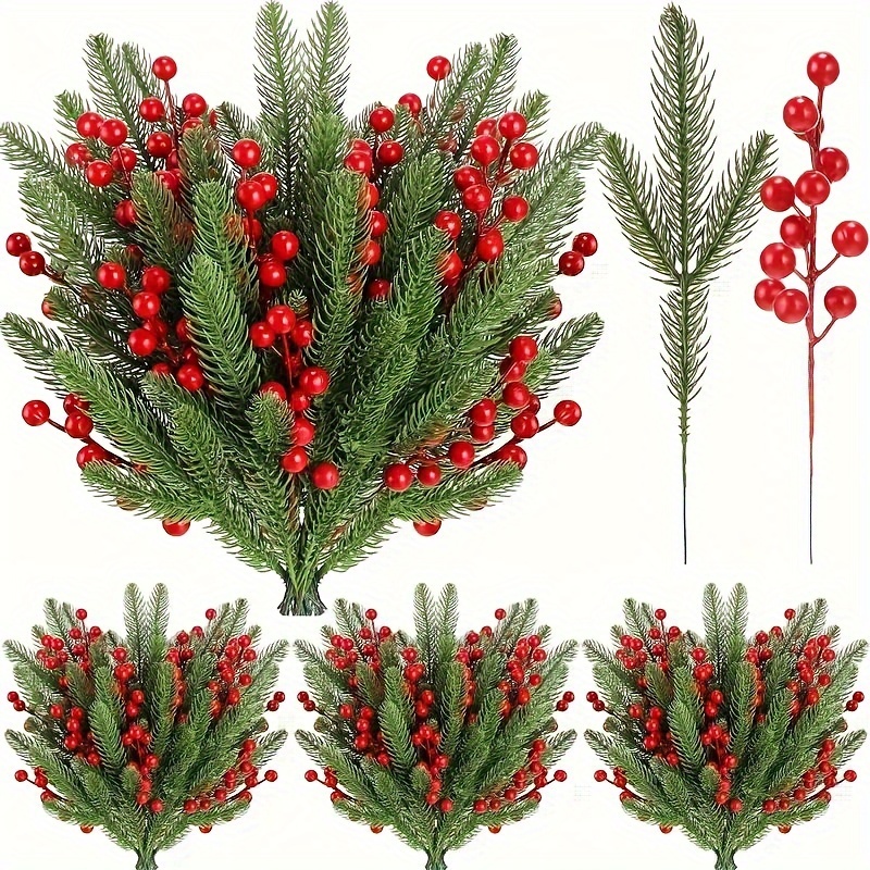 

12pcs Christmas Tree Gift Decorations: Artificial Needles With Red Berries, Diy, Family Holiday Decorations, Suitable For Christmas, Halloween, Thanksgiving, And Easter