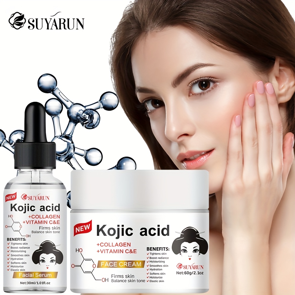 suyarun kojic acid facial skincare set cream serum dual hydration moisturizing with niacinamide vitamin c 10 plant based squalane collagen brightening firming light beige gentle non greasy formula details 1