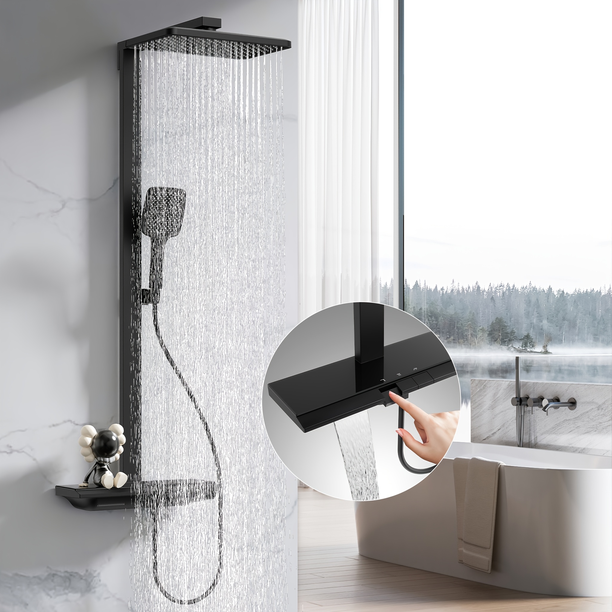 Shower Set, Thermostatic Shower Set, With 40cm Large Shelf, With Waterfall Outlet, 300mm Super Large , 3-function Hand Shower, Pcv Hose, Brass Material, Black