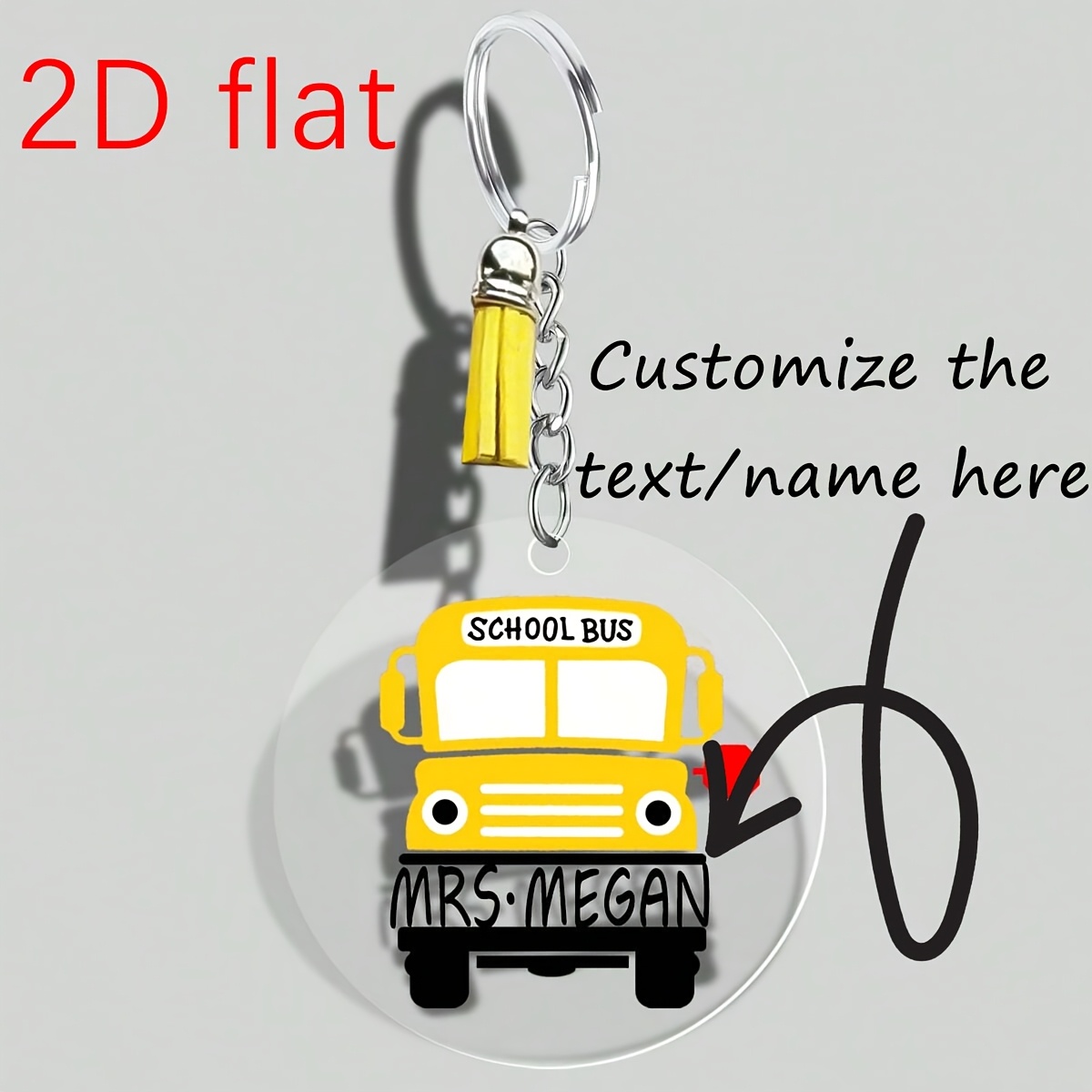 TEMU 2D Plat - Porte-clés Acrylique 2D Plats Personnalisés, Porte-clés Personnalisés pour Bus de Chauffeurs avec Pompons, Cadeaux pour Chauffeurs et