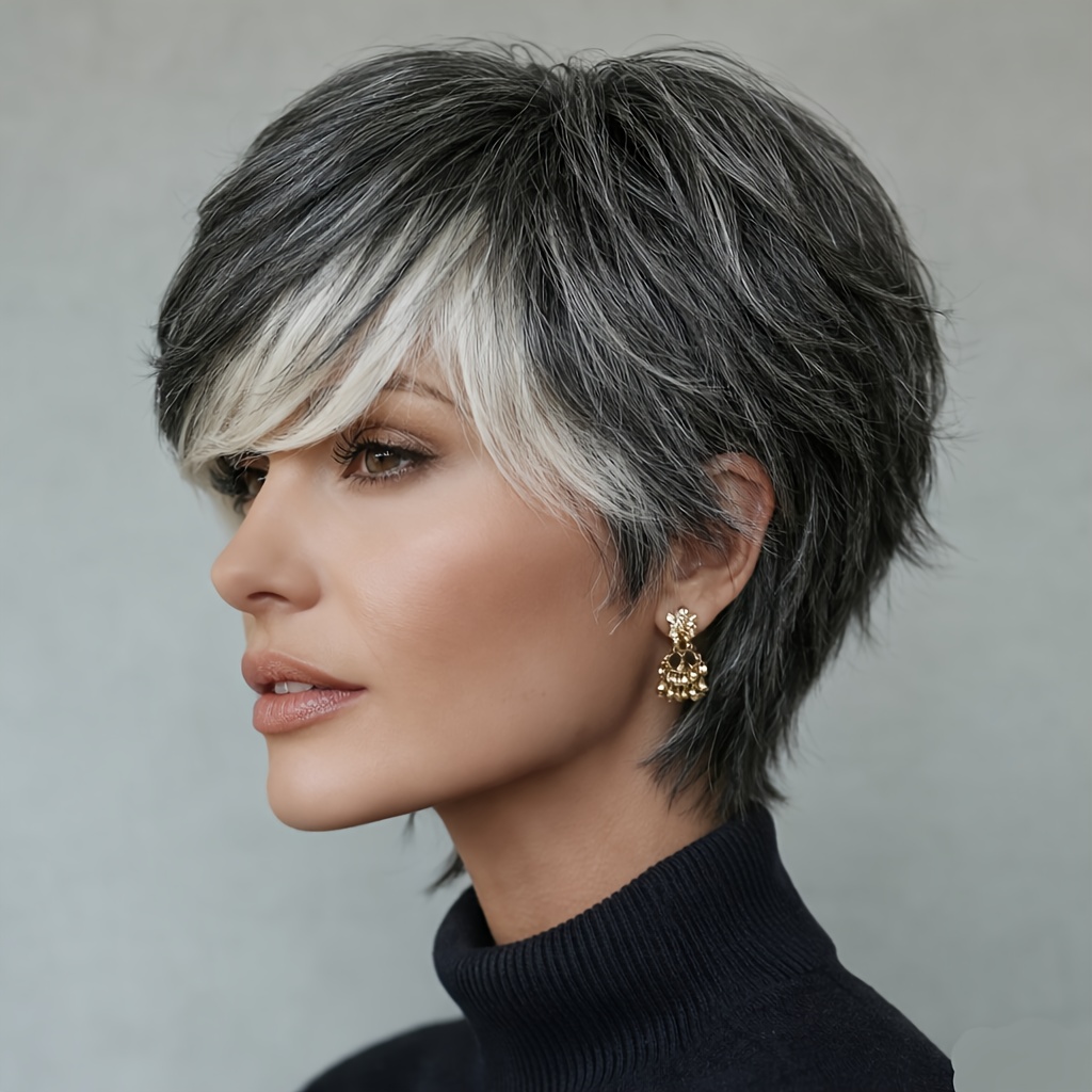 Image of Short Wig Human Hair Suitable For - Glueless Straight Layered Bangs With Cap, 1b/34/60 (white/black), 150% Density Machine-made Wig For Daily Wear &, Hair Density