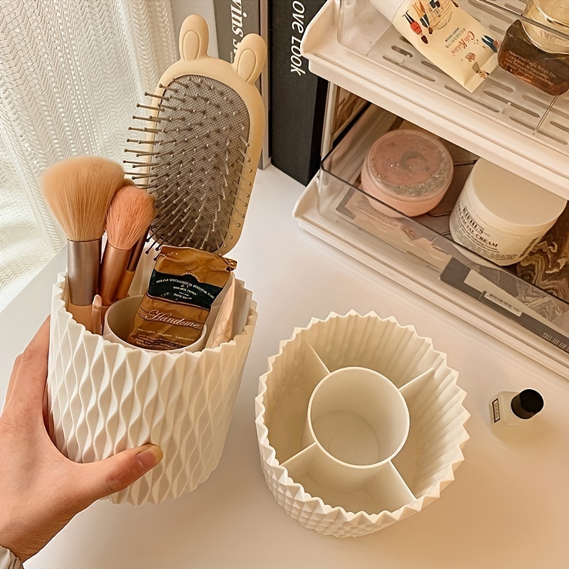 360 rotating makeup brush holder with transparent dome lid dustproof waterproof white hexagonal organizer   countertop storage for brushes skincare products durable plastic vanity organizer with 360 spin no power required bathroom dressing table organizer Product details 6