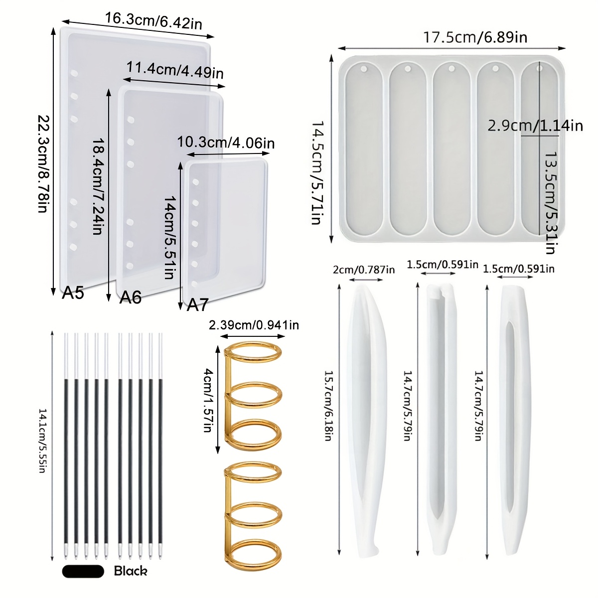 TEMU Kit de Moules en Résine pour Couverture de Cahier A5, A6 et A7 & Stylo Transparent & Marque-page - 19 Pièces, Inclut 7 Moules en Silicone Époxy,