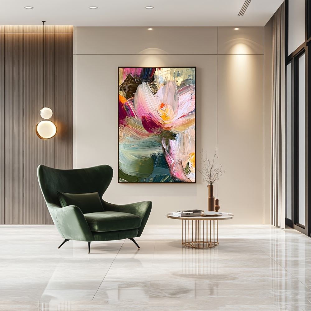TEMU 2d Flat, 2d Flat, 1pc Hand-painted Oil Painting - Abstract Art Of And Water Lilies, Vibrant Pink, Orange, Green, Blue, White, And , Frameless