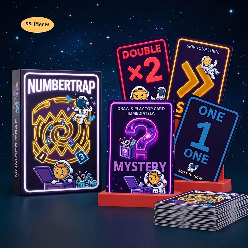 Image of Neon Space Card Game, Number Trap Strategy Game, Astronaut-themed Math Board Game, Interactive Gift For Teens And , Travel Portable Set With 55 Cards