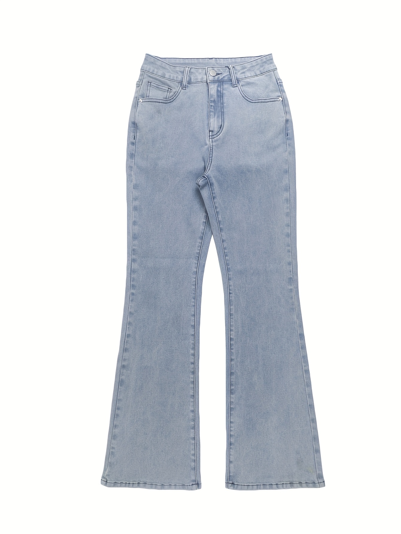GILIPUR MH1025 Light Blue Retro High-Waist Stretch Straight Leg Women's Pants, Street Style Solid Color Long Pants with Pockets, All-Season Comfortable Stretch Fabric, Machine Washable