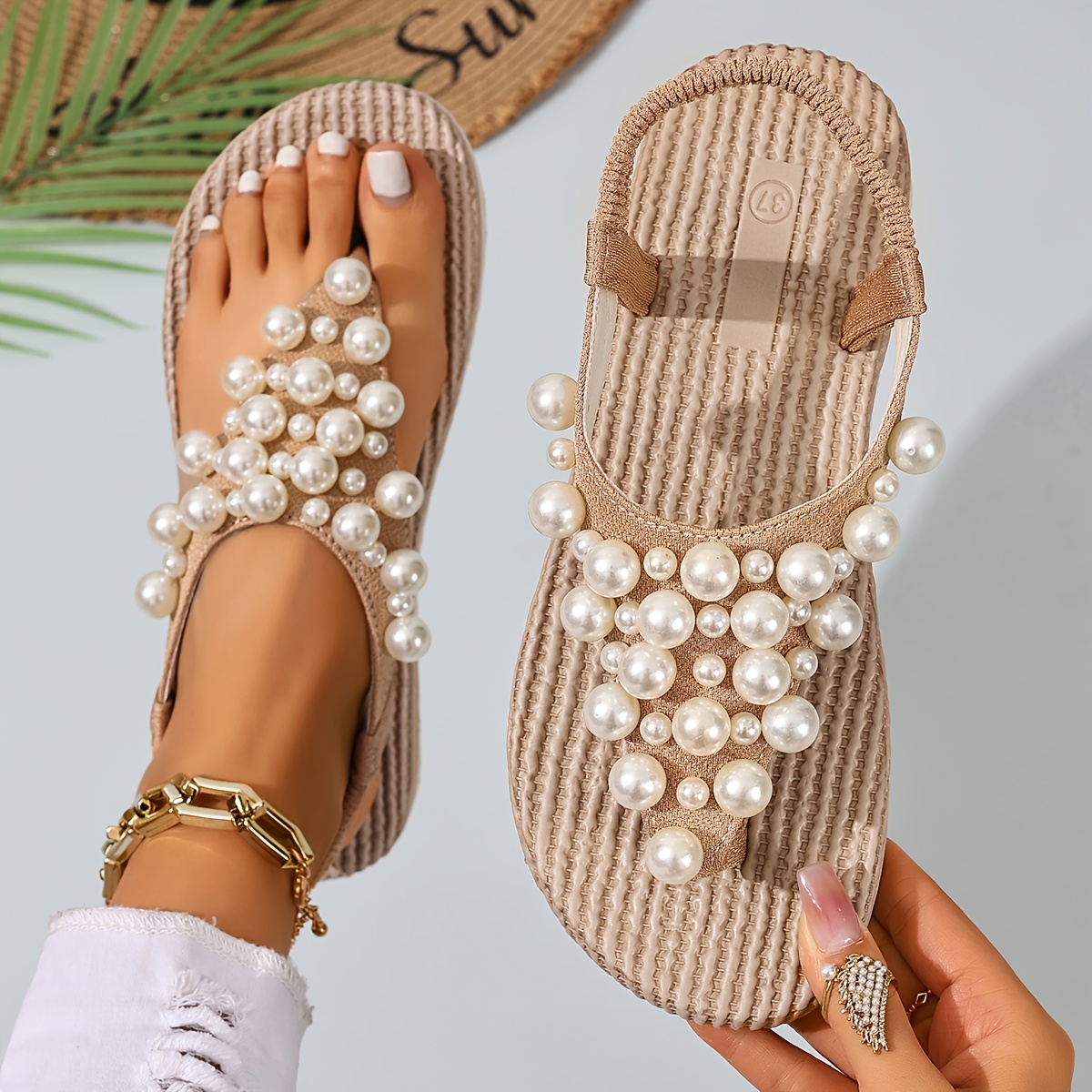 Women'S New Pearl Bohemian Flip-Flops - Comfortable Fabric, Elastic Heel Design, Suitable for Outdoor Wear, Leisure, Entertainment, Vacation, Beach - a Surprise Gift for Birthday Parties, Sandals, Women Shoes Elegant Women Shoes Classy Lady Shoes