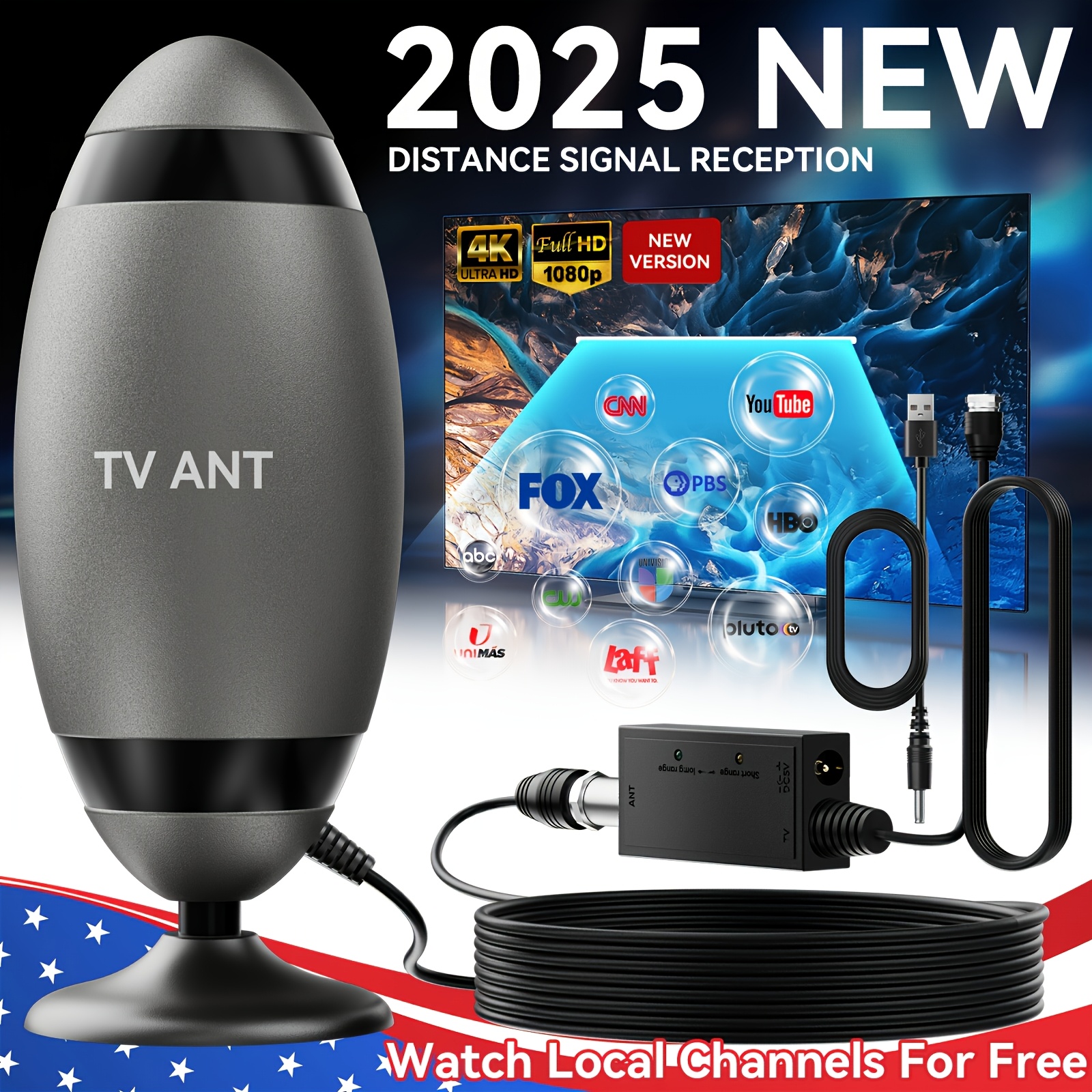 2026 Metal Long-Distance Signals Receive High-Definition 4K TV Antenna, 200 Kilometers TV Channel Signal Reception, One-Button Long-Distance Signal Reception Mode, USB, Complete Accessories, Free TV, Suitable For Smart TV, Old TV, Indoor TV Antenna