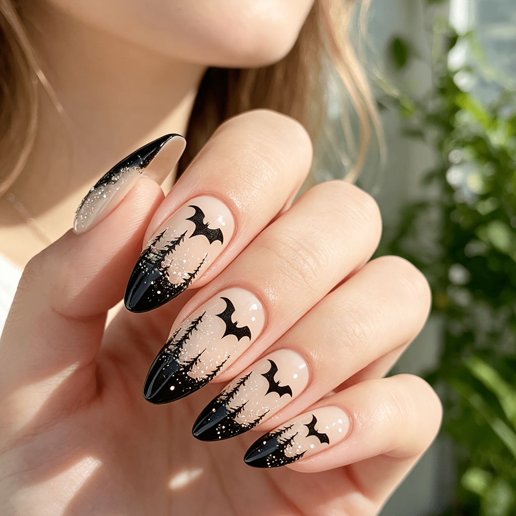 TEMU 24pcs Gothic Bat Press-on Nails Suitable For Women - Glossy Almond False Nails With Bat Wing, Y2k Nail Art, & Length For Parties, Themed Events,